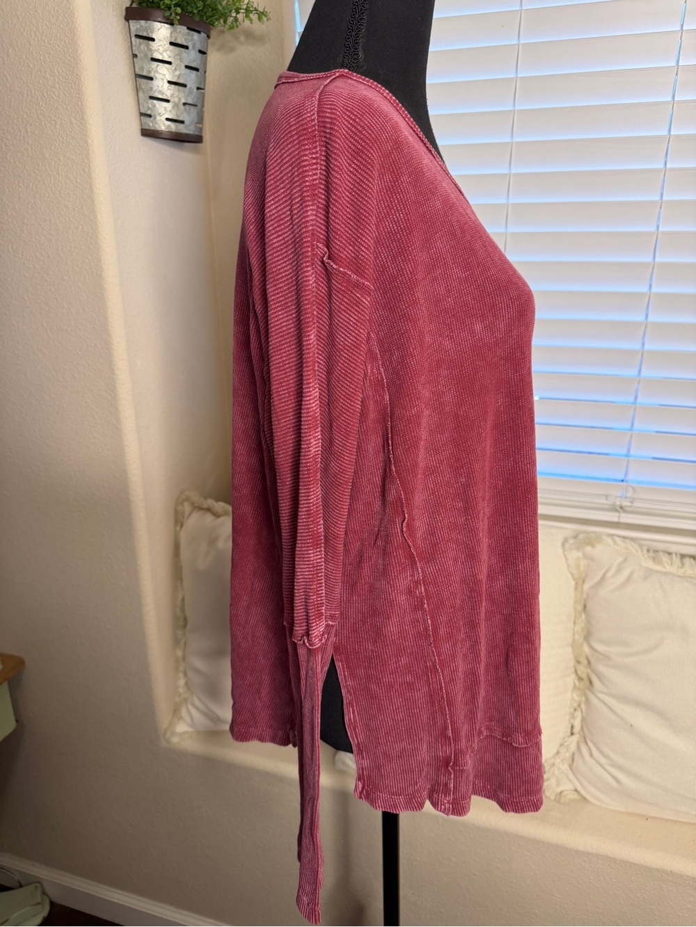 Easel Washed Ribbed Long Sleeve Oversized Boho Tunic Top - Raspberry Rose - Picture 5 of 7